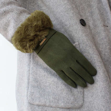 Olive Green Gloves with Fur Trim