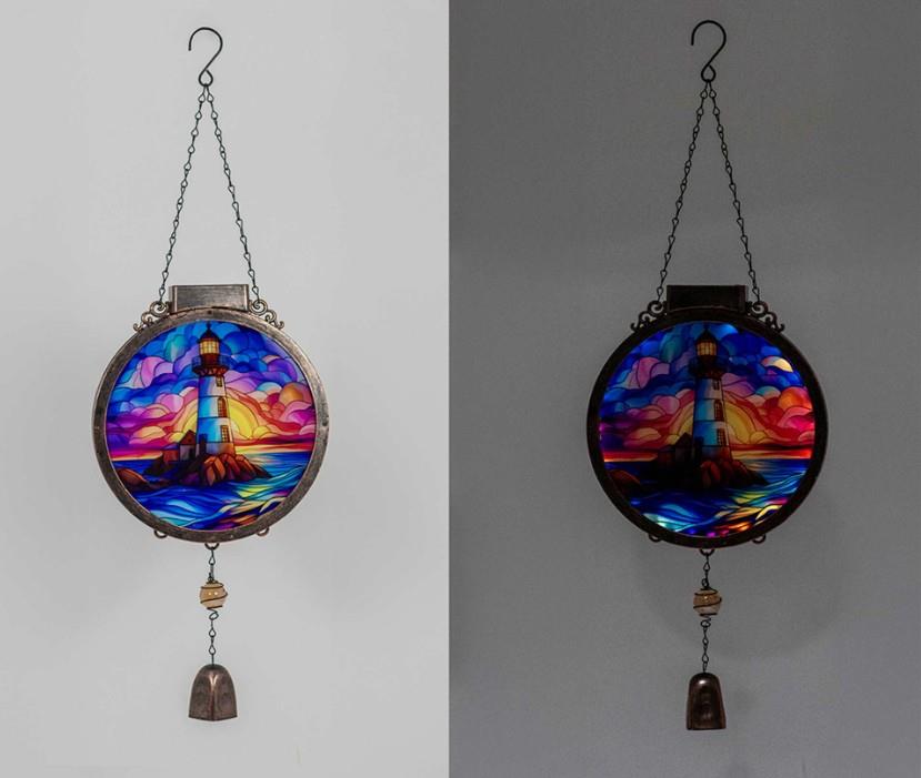 Solar Wind Chime with Stained Glass Lighthouse – Sunset Design