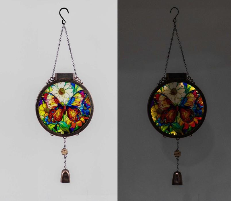 Solar Wind Chime with Stained Glass Butterfly – Outdoor Hanging Décor