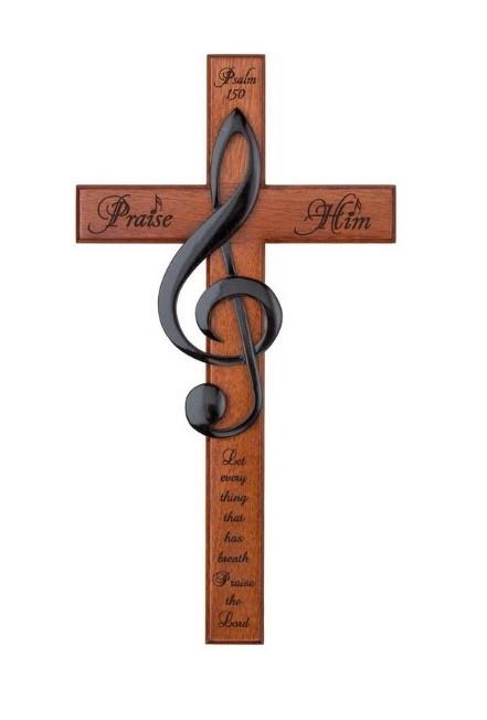 Mahogany Wall Cross with Clef Accent – Psalm 150: “Praise Him”