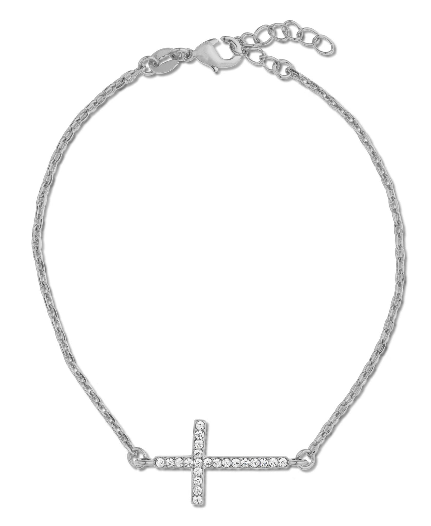 Rhodium-Plated Cross Bracelet with Cubic Zirconia – Adjustable Fit