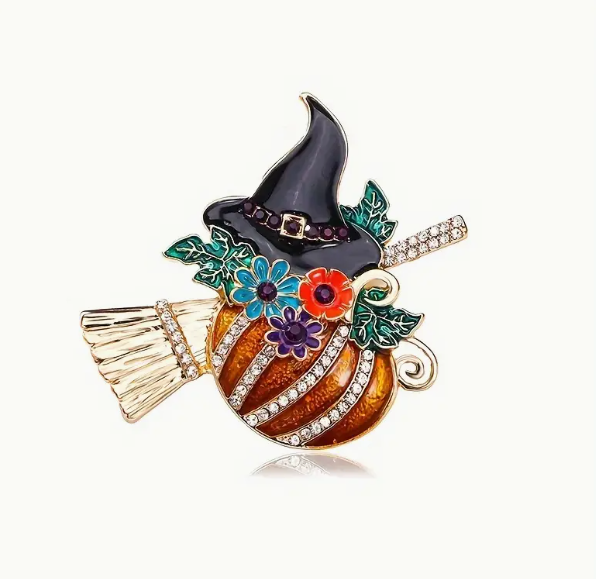 Halloween Pumpkin Witch Hat & Broom Brooch