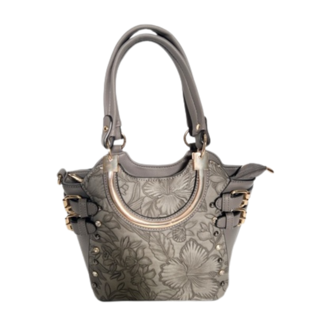 Grey Purse with Floral Tooled Leather Design