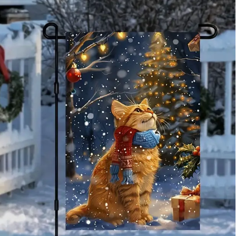 Christmas Cat Snowy Night Garden Flag