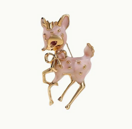 Gold-Tone Deer Brooch – Pink Enamel