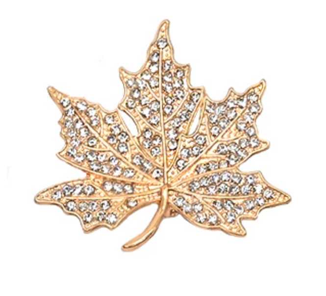 Gold Tone Maple Leaf Brooch with Rhinestones