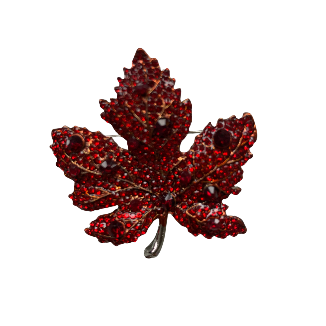 Silver Tone Maple Leaf Brooch with Red Rhinestones