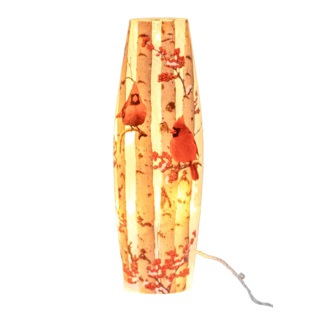 Frosted Glass LED Lamp – Handpainted Birch Trees with Cardinals