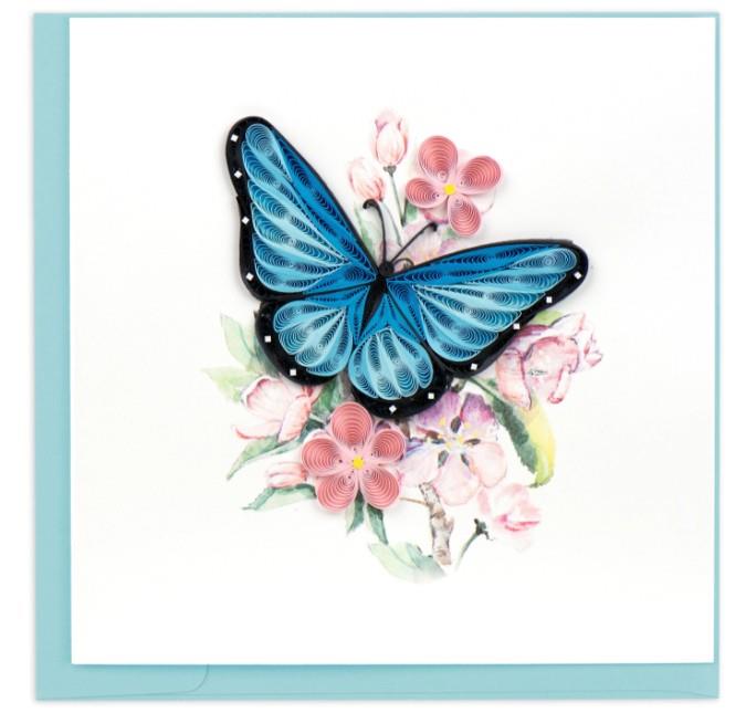Handmade Quilled Blue Butterfly & Pink Flowers Card – 6x6 Blank Greeting Card