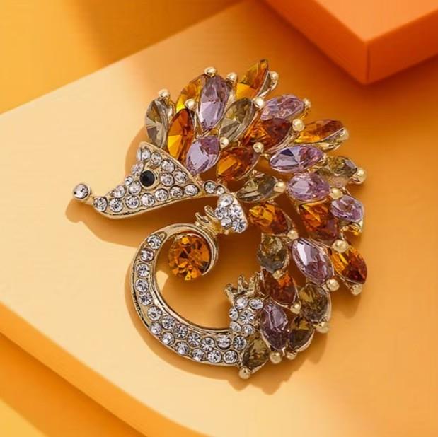 Gold Tone Hedgehog Brooch with Amber Rhinestones