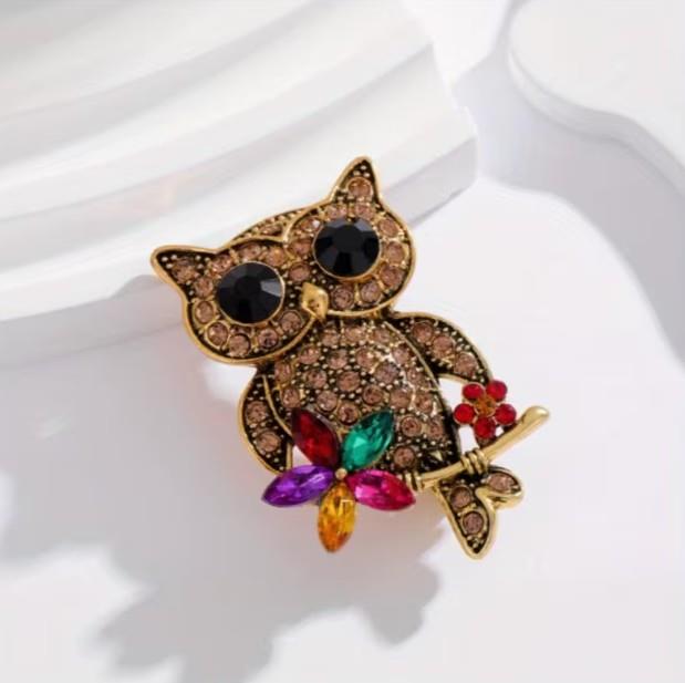 Gold Tone Owl Brooch with Bright Gem Flower