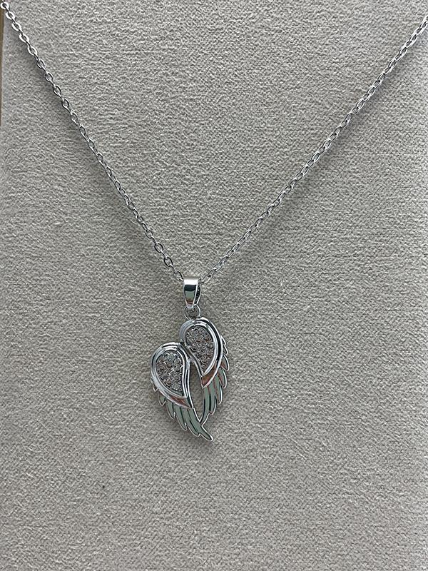Silver Double Wings Necklace with Crystal Accents
