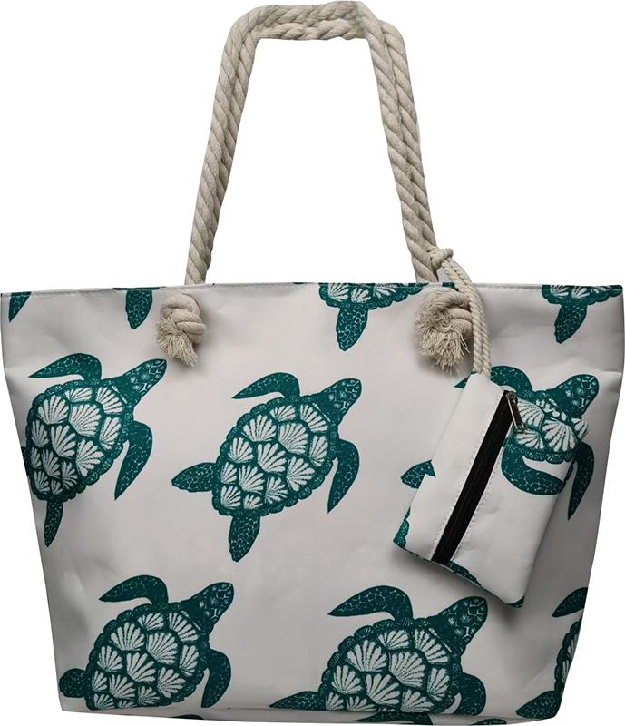 Heavy Canvas Tote Bag – White with Turquoise Turtles