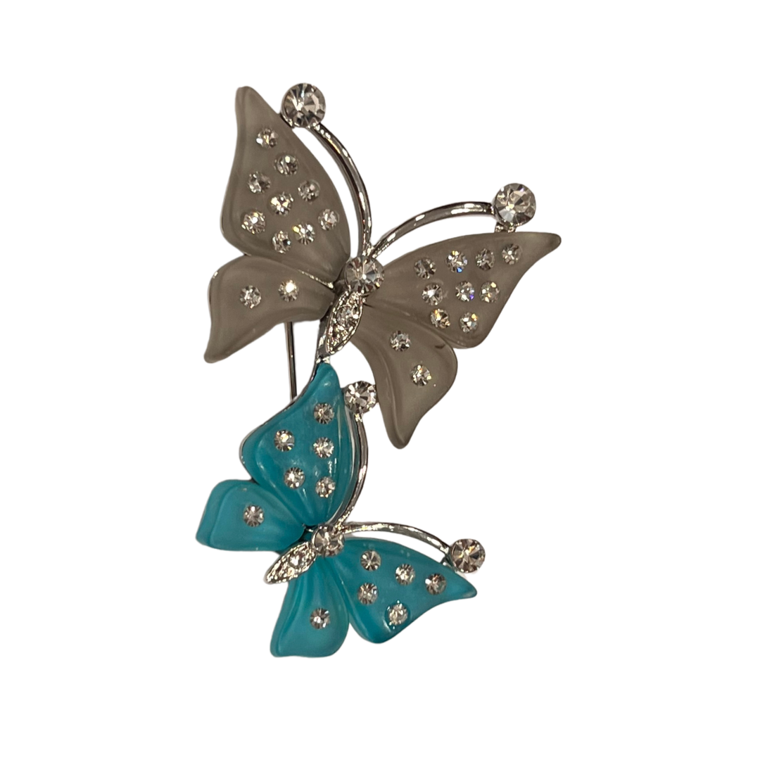 Double Butterfly Brooch with Sea Glass-Style Grey & Teal