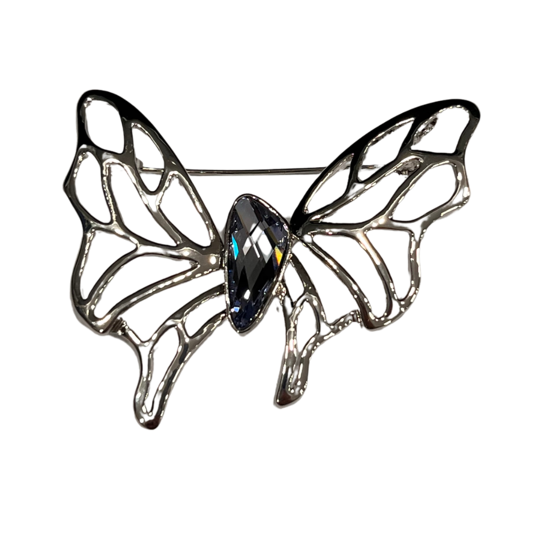 Silver-Tone Butterfly Brooch with Openwork Wings & Purple Rhinestone