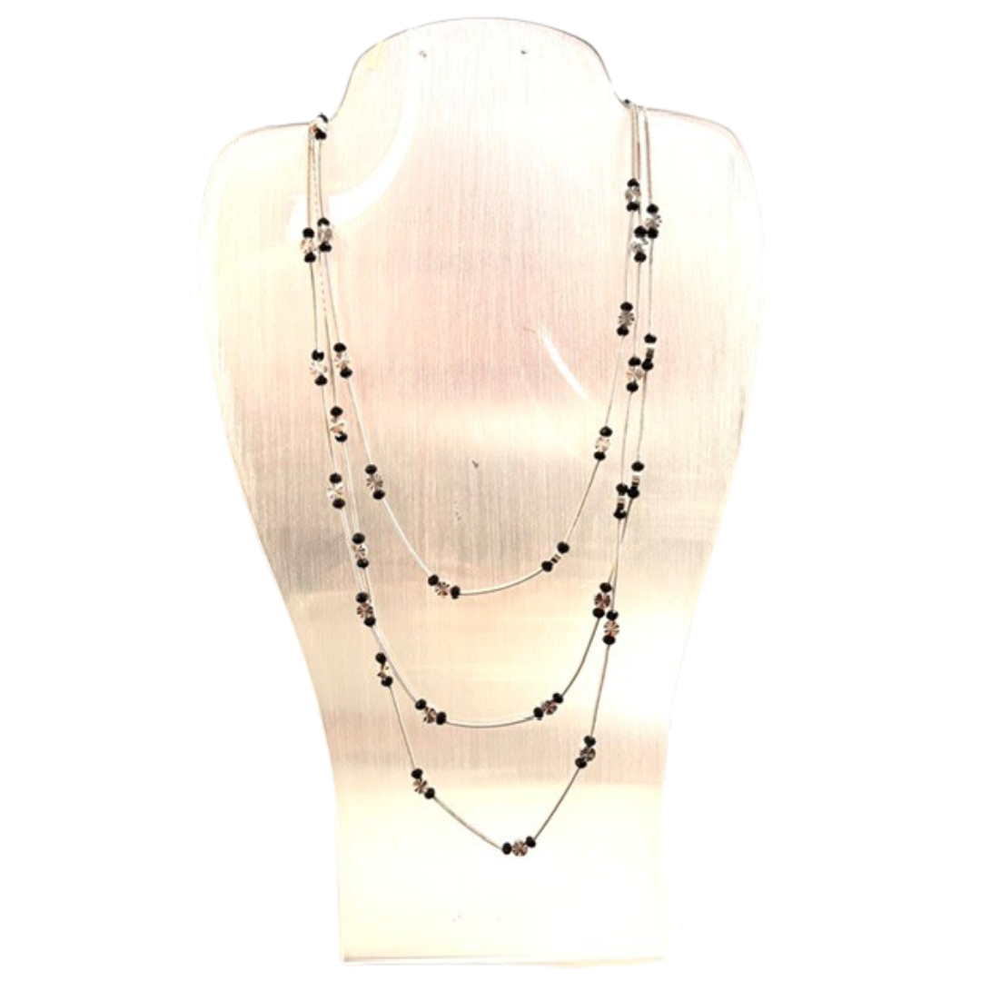 Silver-Finish Triple-Strand Necklace with Black & Diamond-Cut Beads