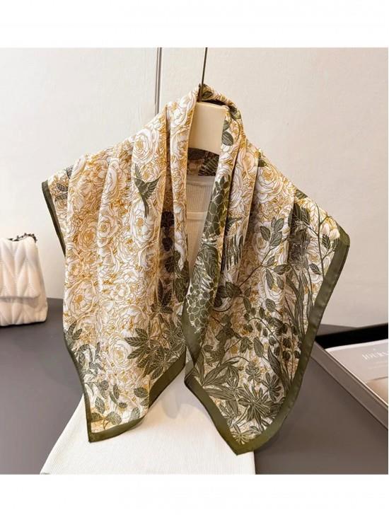 Gold Rose Silk-Feeling Square Scarf with Khaki Trim – 27.5"