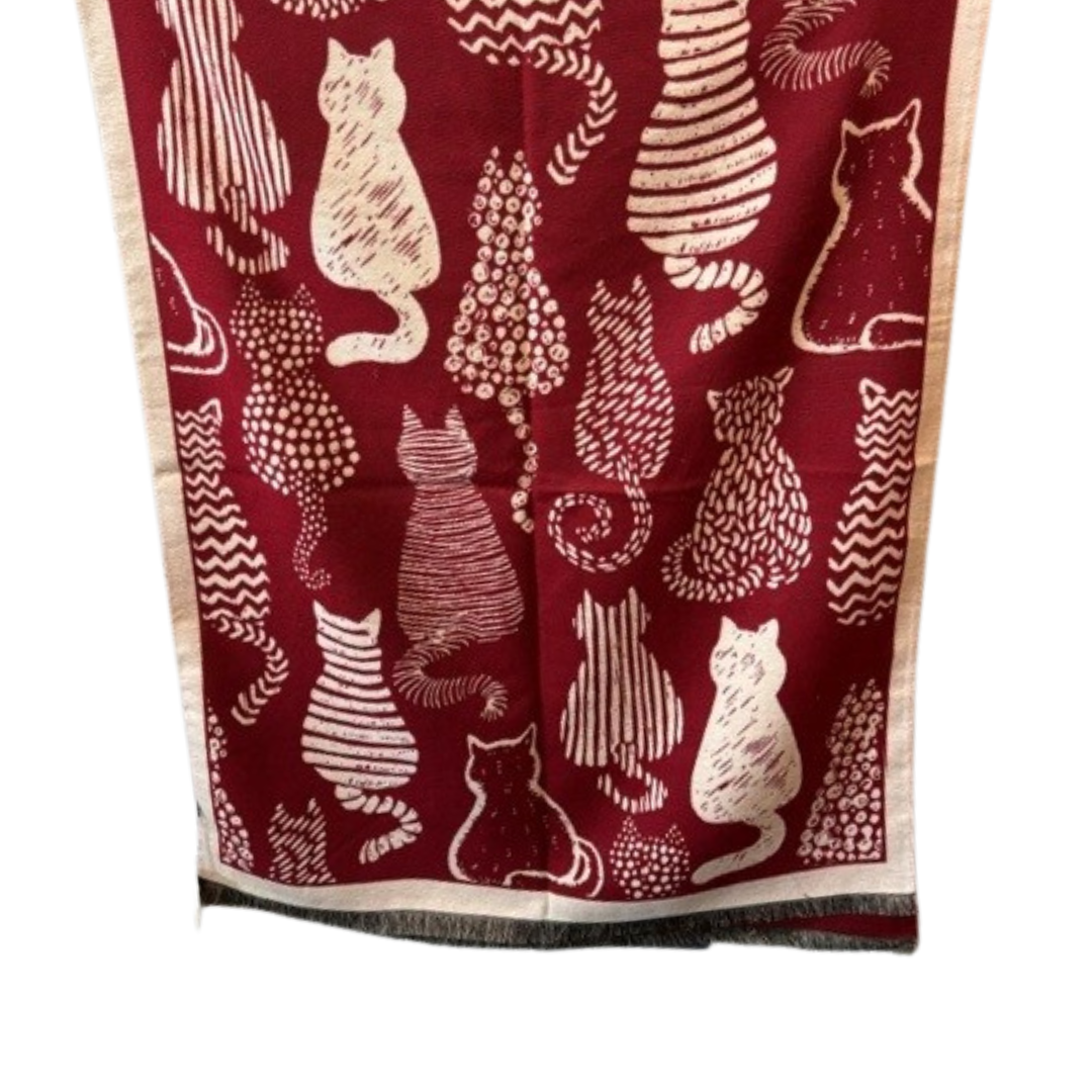 Red Reversible Cat Print Scarf – 27.5" x 72"