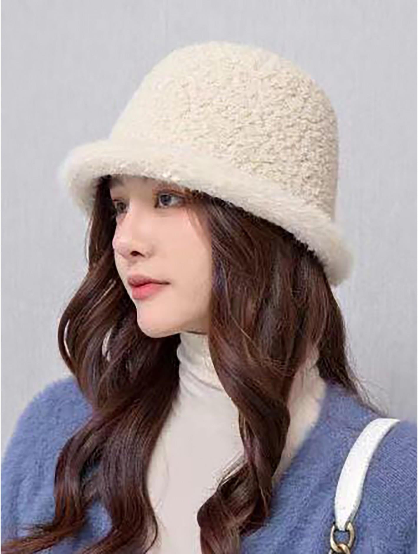 Ivory Fuzzy Bucket Hat with Brim – Soft Winter Hat