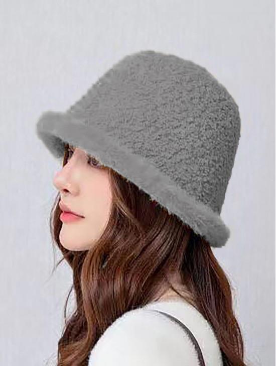 Grey Fuzzy Bucket Hat with Brim – Soft Winter Hat