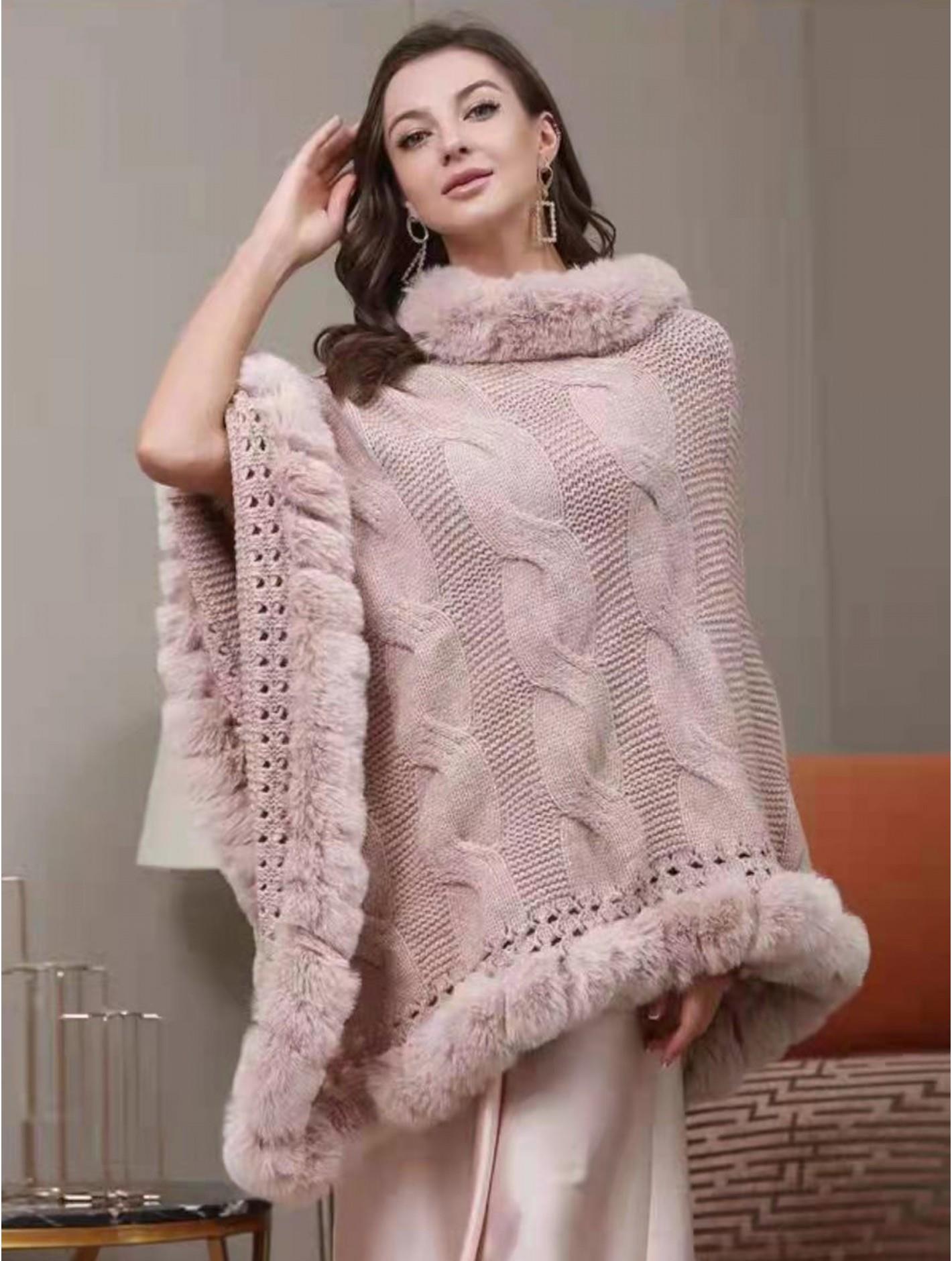 Pink Solid Color Poncho with Faux Fur Collar – One Size