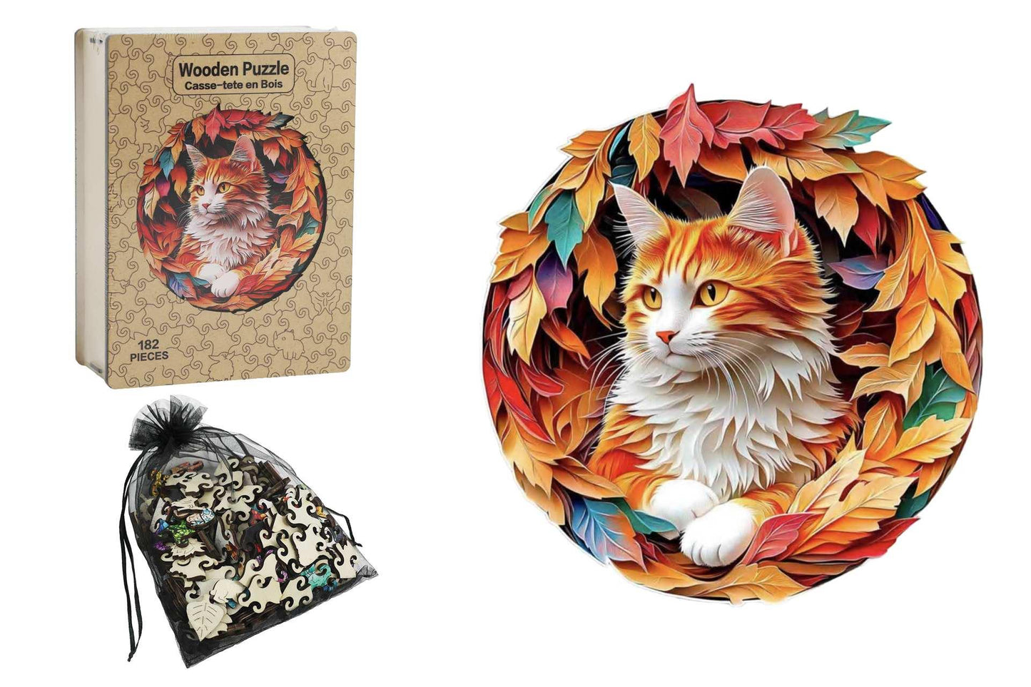 Wood Round Autumn Cat Puzzle Set