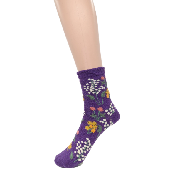 Ladies Purple Wildflower Wool Blend Socks