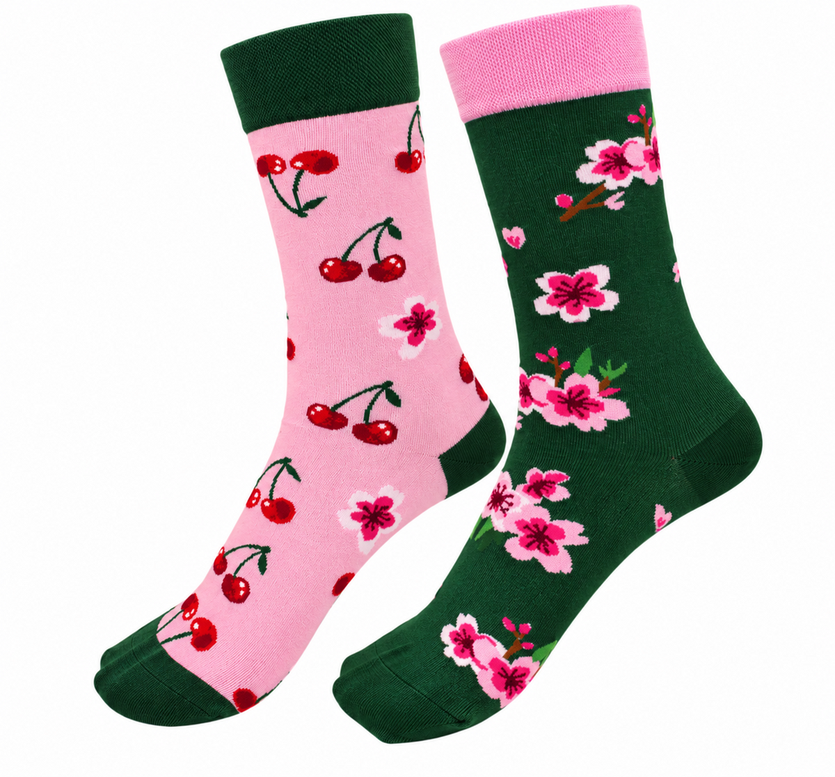 Ladies Green & Pink Cherries & Flowers Socks