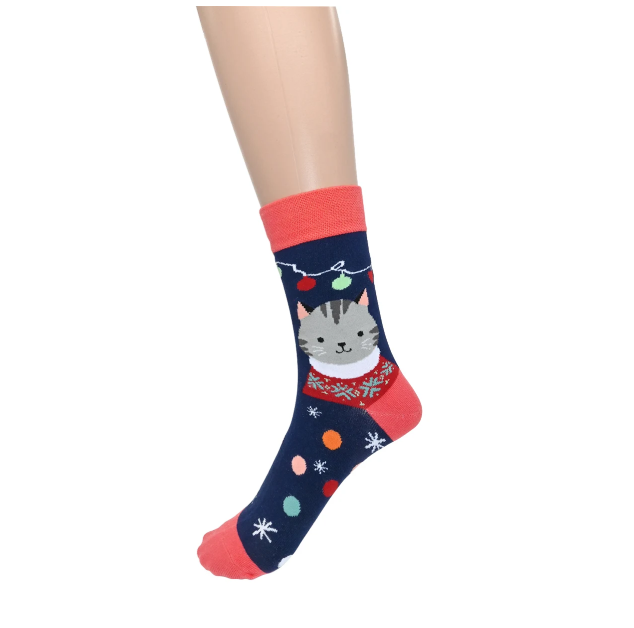 Navy & Coral Grey Tabby Cat Christmas Lights Socks