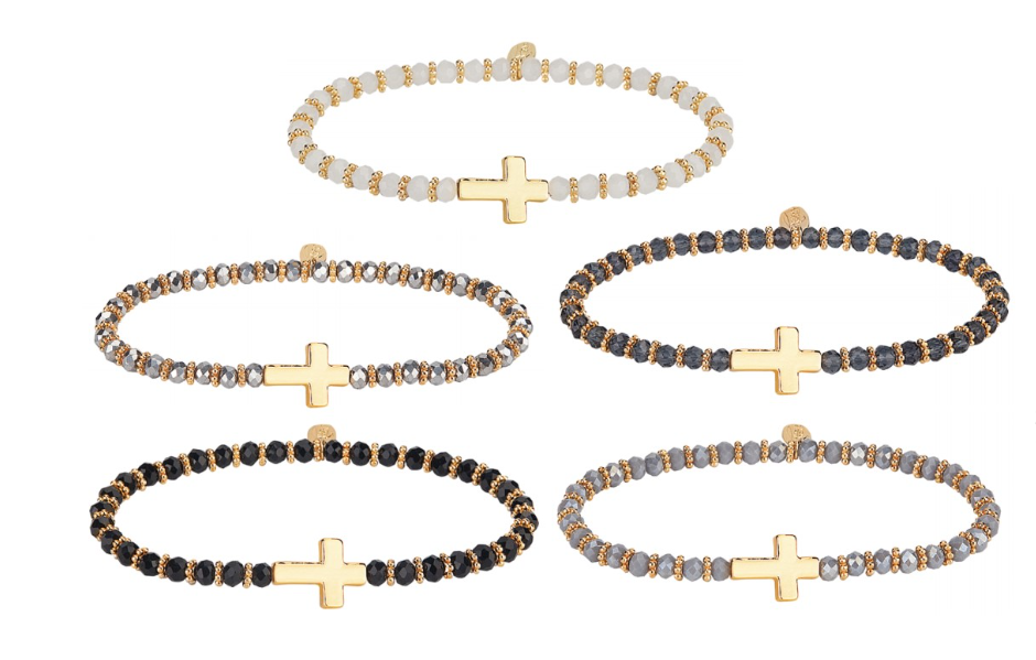Crystal Beaded Stretch Bracelet with Sideways Gold Cross