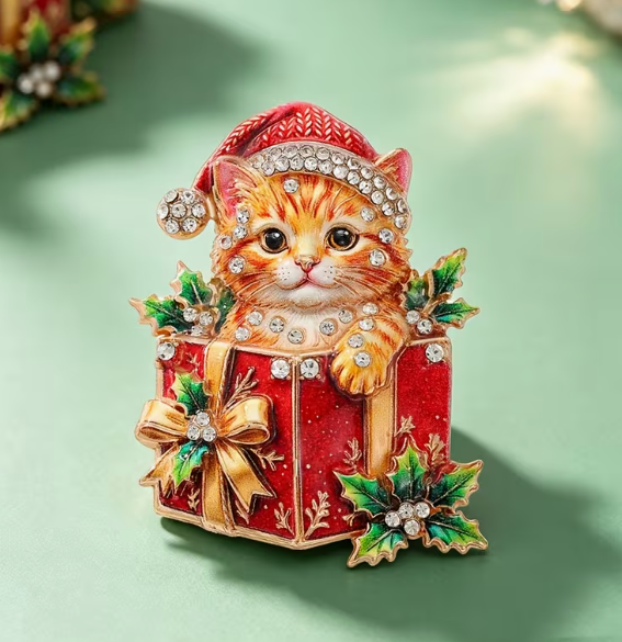 Cat in Gift Box Brooch