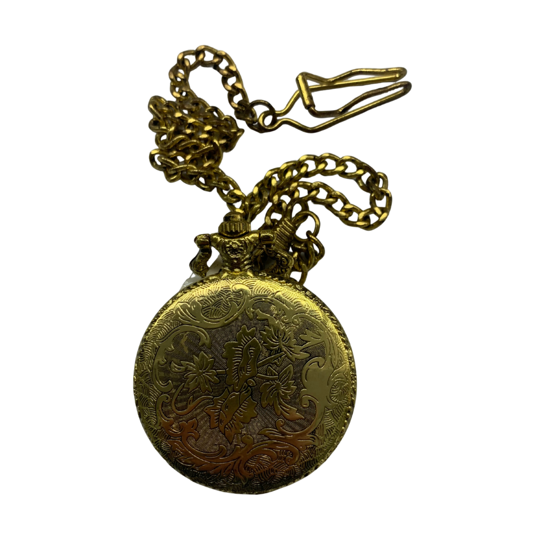 Bright Gold Pocket Watch with Embossed Motorcycle – Battery Operated