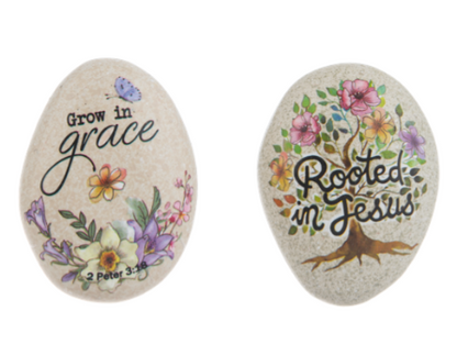 Small Decorative Stones with Painted Flowers & Words of Faith