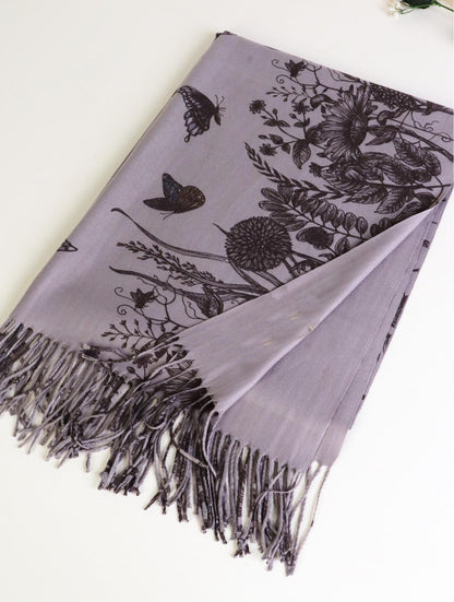 Grey Cashmere-Feeling Floral Scarf with Dark Grey Flowers