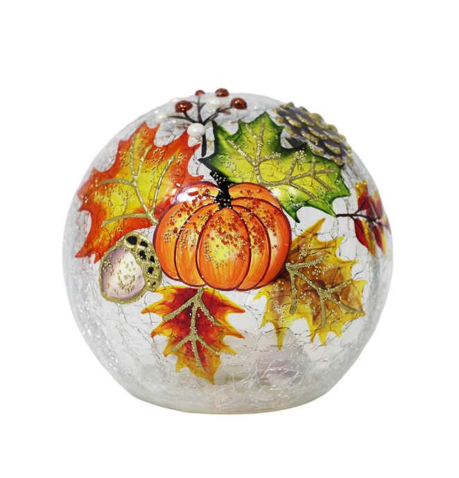 Crackle Glass LED Pumpkin & Leaves Ball