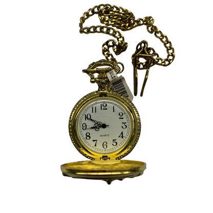 Bright Gold Pocket Watch with Embossed Motorcycle – Battery Operated
