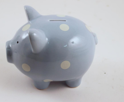 Blue Piggy Bank with White Polka Dots