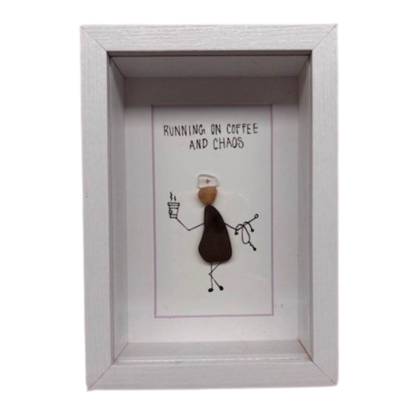 Sea Glass Art “Running on Chaos and Coffee” – White Box Frame, 6 1/2" x 4 1/2"