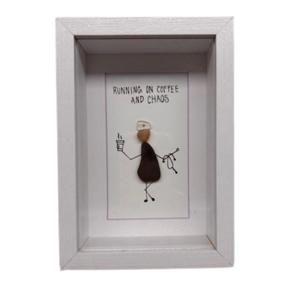 Sea Glass Art “Running on Chaos and Coffee” – White Box Frame, 6 1/2" x 4 1/2"