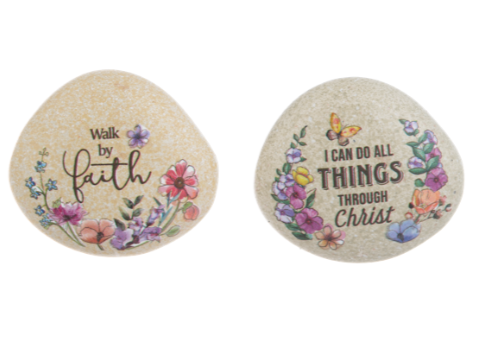 Small Decorative Stones with Painted Flowers & Words of Faith