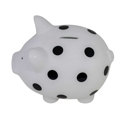 White Piggy Bank with Black Polka Dots