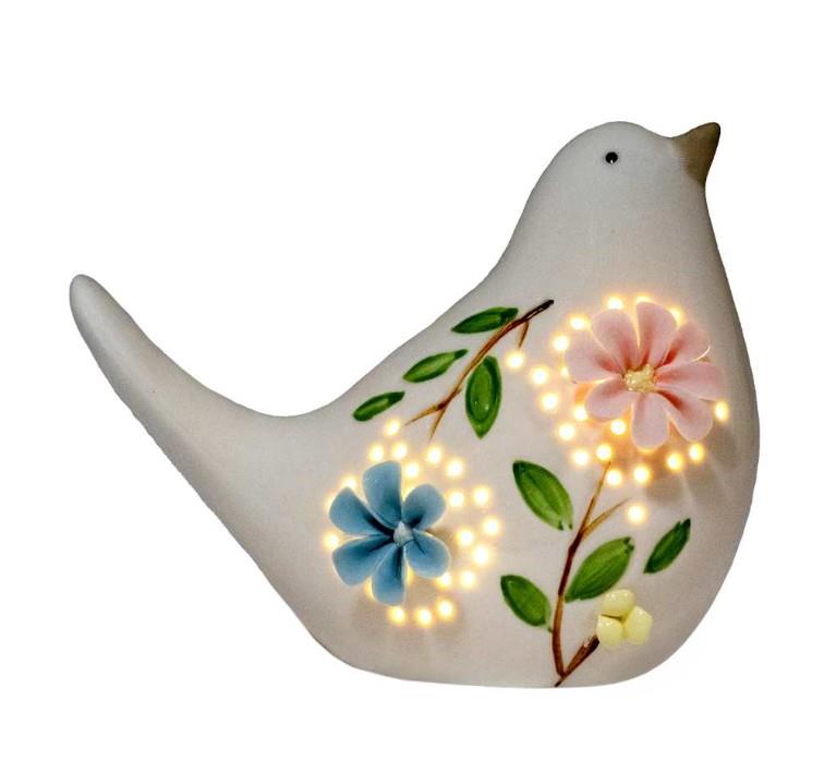 Ceramic White Flower LED Bird Décor