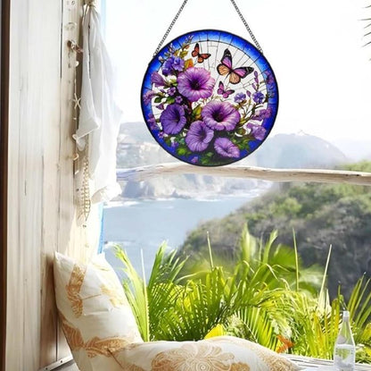 Round Stained Glass Suncatcher – Petunias and Butterflies