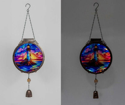 Solar Wind Chime with Stained Glass Lighthouse – Sunset Design