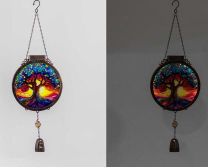 Solar Wind Chime with Stained Glass Tree of Life – Outdoor Décor