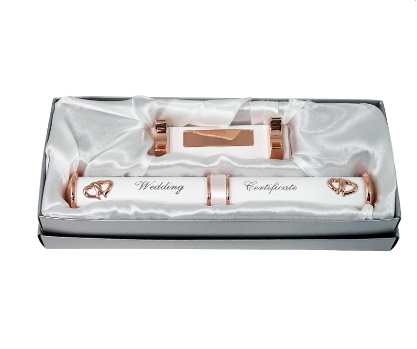 White & Rose Plated Wedding Certificate Holder with Stand