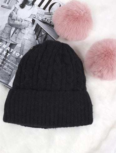 Kids Black Double Pom Pom Knitted Hat – Dusty Pink Pom Poms