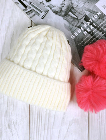 Kids Cream Double Pom Pom Knitted Hat – Hot Pink Pom Poms