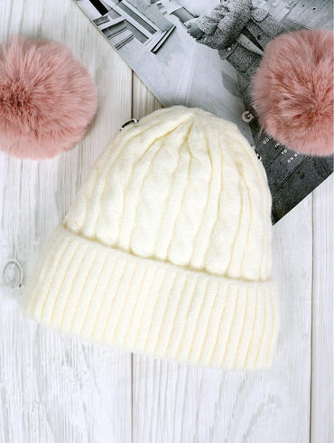 Kids White Double Pom Pom Knitted Hat – Dusty Pink Pom Poms