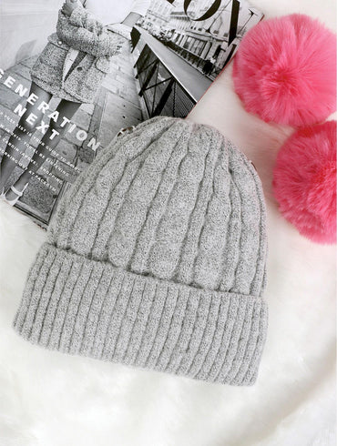 Kids Grey Double Pom Pom Knitted Hat – Hot Pink Pom Poms